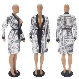 Femme De Mariage Women's Lingerie Long Sleeve Open Front Money Print Satin Robe